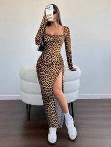 Vestido largo con cuello cuadrado, manga larga y bajo con abertura, estampado de leopardo, para uso casual diario en otoño/invierno - Multicolor - Ver 6
