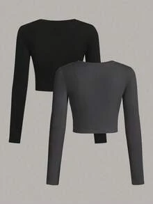 Set de 2 camisetas ajustadas de mujer de cuello redondo, de manga larga y unicolor, aptas para primavera y otoño - Multicolor 5 - Ver 2