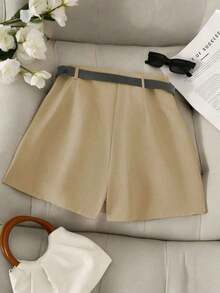 Pantalones con falda asimétrica de moda casual para ir al trabajo, pantalones cortos multifuncionales para mujer sin cinturón, pantalones con falda asimétrica a juego sin cinturón, falda asimétrica, falda con dobladillo asimétrico, falda pantalón - Marrón Mocha 2 - Ver 2