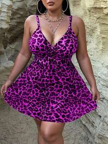 2026 Traje de baño de una pieza con efecto estilizante para tallas grandes| Estampado de leopardo clásico de estilo retro salvaje| Escote en V con lazo ajustable en la parte delantera para realzar el busto| Abertura frontal + dobladillo d - Rosa Fucsia - Ver 8