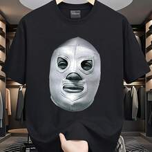 Tienda Local, Camisas para Hombre, Ropa de Camisa Camiseta Luchador 180G con Máscara en Blanco y Negro, Estampado Patrón Lucha, Impresión Alta Calidad, Cuello Redondo, Corte Holgado Básico, Hombre Mujer, Transpirable, Versátil, Lavable a Máquina, Cómoda,d - Negro - Ver 1