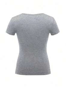 de manga corta y ajuste slim para mujer, de unicolor con media tapeta abotonada para el verano - Gris - Ver 2
