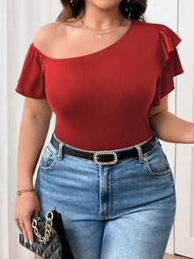 Camiseta de manga corta y ajustada con hombros descubiertos, doble capa de volantes y talla grande para mujer, estilo casual y versátil - Rojo - Ver 5