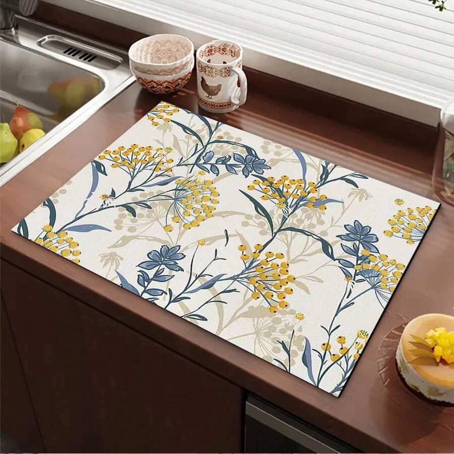 1pc Minimalist Floral Print Absorbent Mat/Drying Mat For Coffee Maker, Tableware - Polyester Absorbent Desktop Protective Mat With Rubber Anti-Slip Pad, For Kitchen Counter Decor, Home Bar And Dining Table - Multicolor - View 1