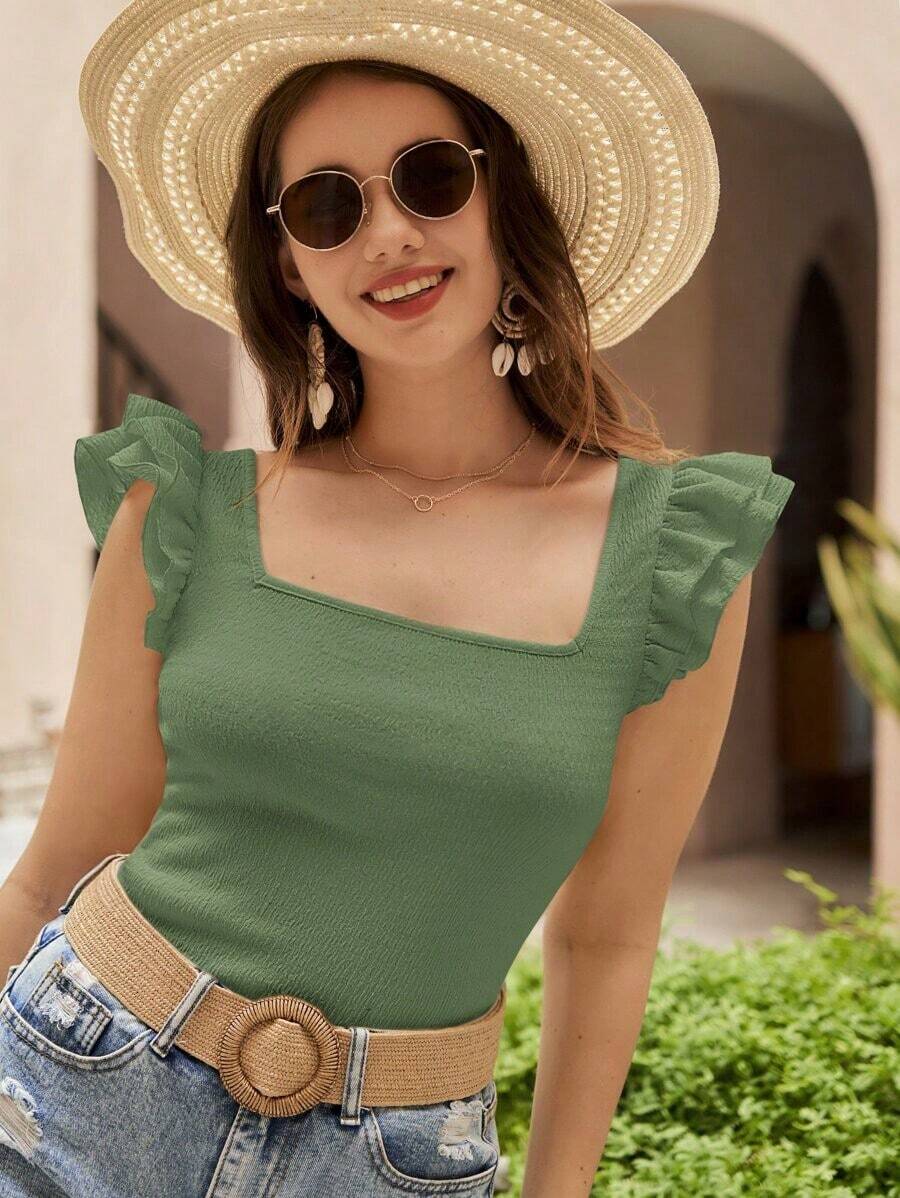 Camiseta de cuello cuadrado ribete con fruncido - Verde - Ver 1