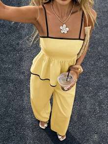 Set de 2 piezas con top de tirantes con ribete de contraste y pantalones de unicolor para mujer - Amarillo claro - Ver 5