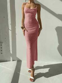Vestido maxi elegante y romántico de color albaricoque con tirantes finos, cintura recogida, ajuste ceñido y tela texturizada con abertura, adecuado para bodas/citas, primavera/verano - Rosa vieja - Ver 4