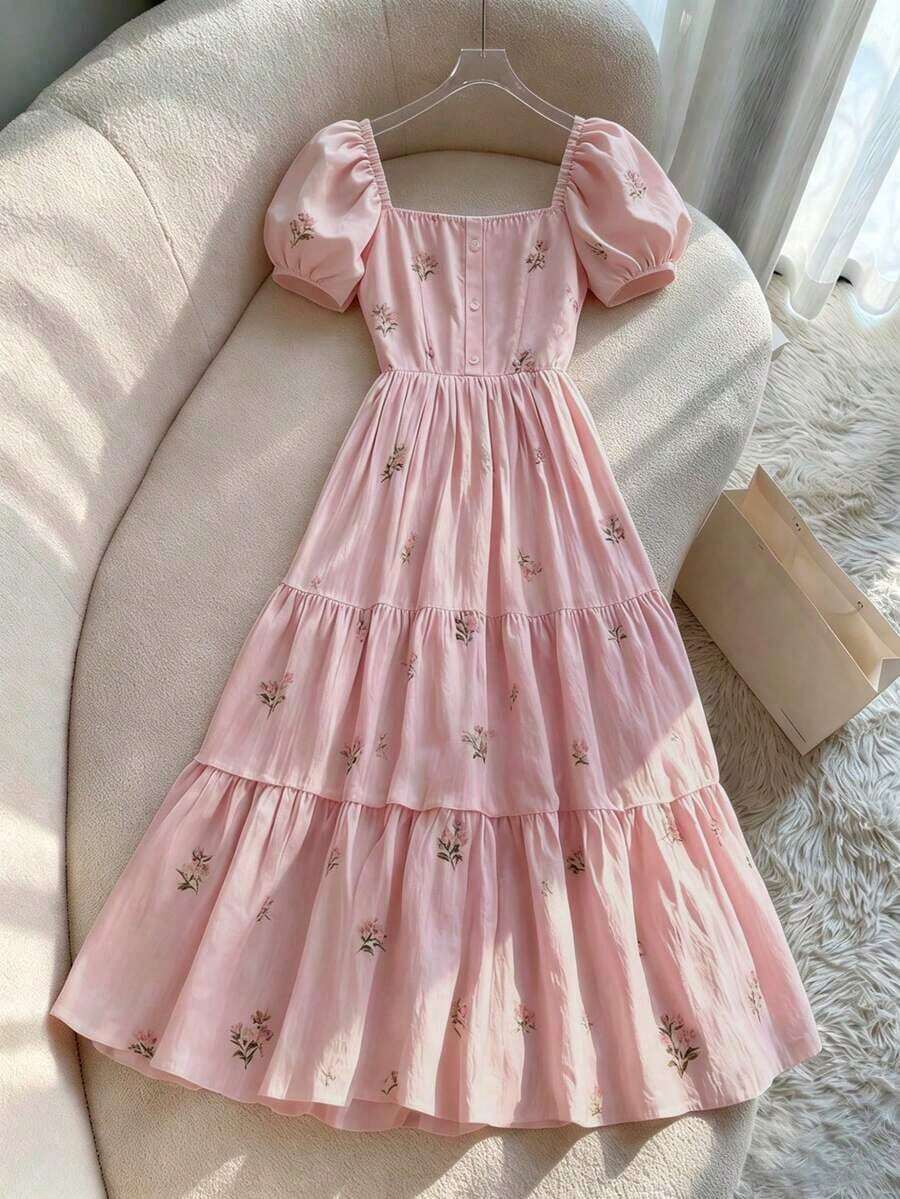 Vestido de diseño con cuello cuadrado, mangas de pétalos, abotonadura sencilla y volantes en la cintura con estampado floral francés delicado - Rosa - Ver 1