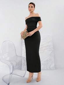 Vestido elegante de punto con hombros descubiertos de unicolor para banquetes - Negro - Ver 4