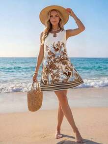 Vestido de verano casual con estampado tropical para vacaciones de mujer - Cafetería - Ver 5