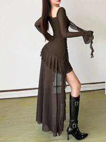 Vestido de manga larga con cuello cuadrado, cintura alta, ajustado, de unicolor vibrante, con dobladillo asimétrico, adecuado para fiestas y ocasiones casuales - Marrón - Ver 3