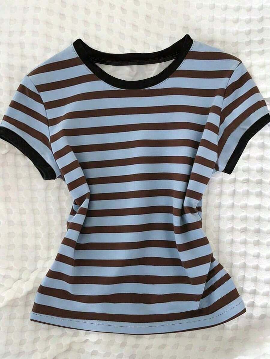 Camiseta casual de mujer para deportes al aire libre, nueva llegada de verano, adecuada para citas, vuelta al colegio, con estampado de rayas y flores, corte regular - Multicolor 2 - Ver 1