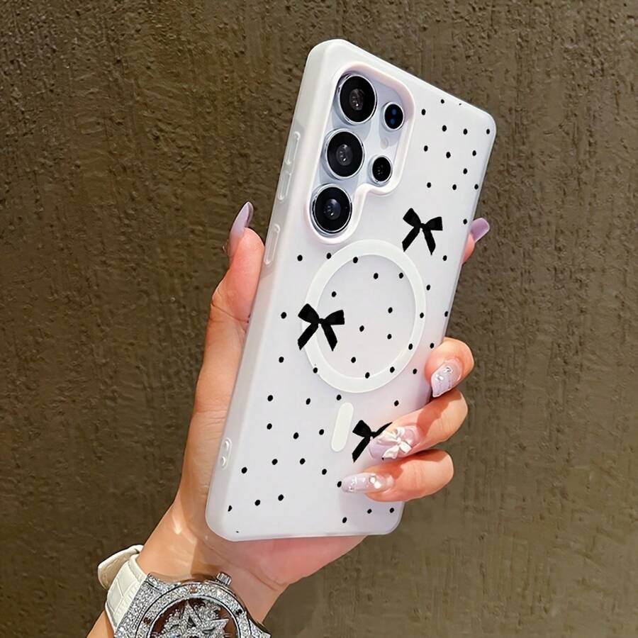 Funda para Teléfono - Funda para Teléfono Compatible con Samsung Galaxy S23 S23Plus S24 S24Ultra S25 S25Plus S25Ultra S26 S26Ultra S26Plus, a prueba de golpes, de doble capa, imitación de gelatina, magnética, duradera, antideslizante, con diseño de lazo de lunares negros. - Rosa - Ver 1