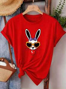 Women's Summer T-Shirt, Women's Summer Top, Casual Short Sleeve T-Shirt, Rabbit Print, Heart, Fashion Glasses And Bow, Everyday Casual Wear, Breathable And Lightweight Fabric, Machine Washable, Casual Top For Women | Women's Summer Tops - 紅色 - 查看 1