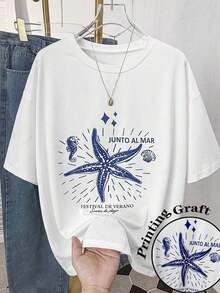 Casual Summer T-Shirt With Starfish And Letter Print, Women's Oversized Loose Fit T-Shirt, Comfortable Graphic Tee, Women's Loose Fit Starfish Print T-Shirt, Short Sleeve T-Shirt - 白色 - 查看 1