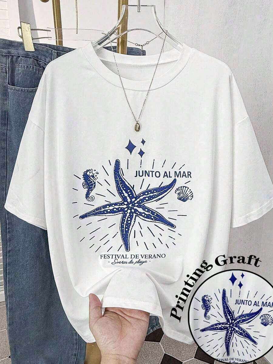 Casual Summer T-Shirt With Starfish And Letter Print, Women's Oversized Loose Fit T-Shirt, Comfortable Graphic Tee, Women's Loose Fit Starfish Print T-Shirt, Short Sleeve T-Shirt - 白色 - 查看 1