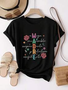 Camiseta Deportiva Casual para Mujer con Estampado de Letras Coloridas y Detalles Florales, Temática de Amor Materno, Cuello Redondo, Manga Corta, Diseño Moderno y Cómodo - Negro - Ver 6