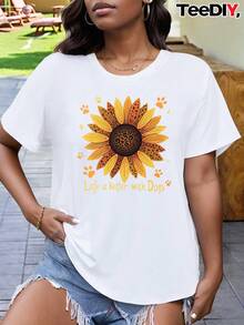 Women's Black T-Shirt With Sunflower And Paw Print Print - Dog Lover T-Shirt Printed With The Slogan "Days With Dogs Are Better", Casual Short-Sleeved Crew Neck Top For Pet Owners, A Very Distinctive Printed T-Shirt / Unisex Style / Suitable For Both Men And Women / Wrinkle-Resistant / Breathable - 白色 - 查看 1