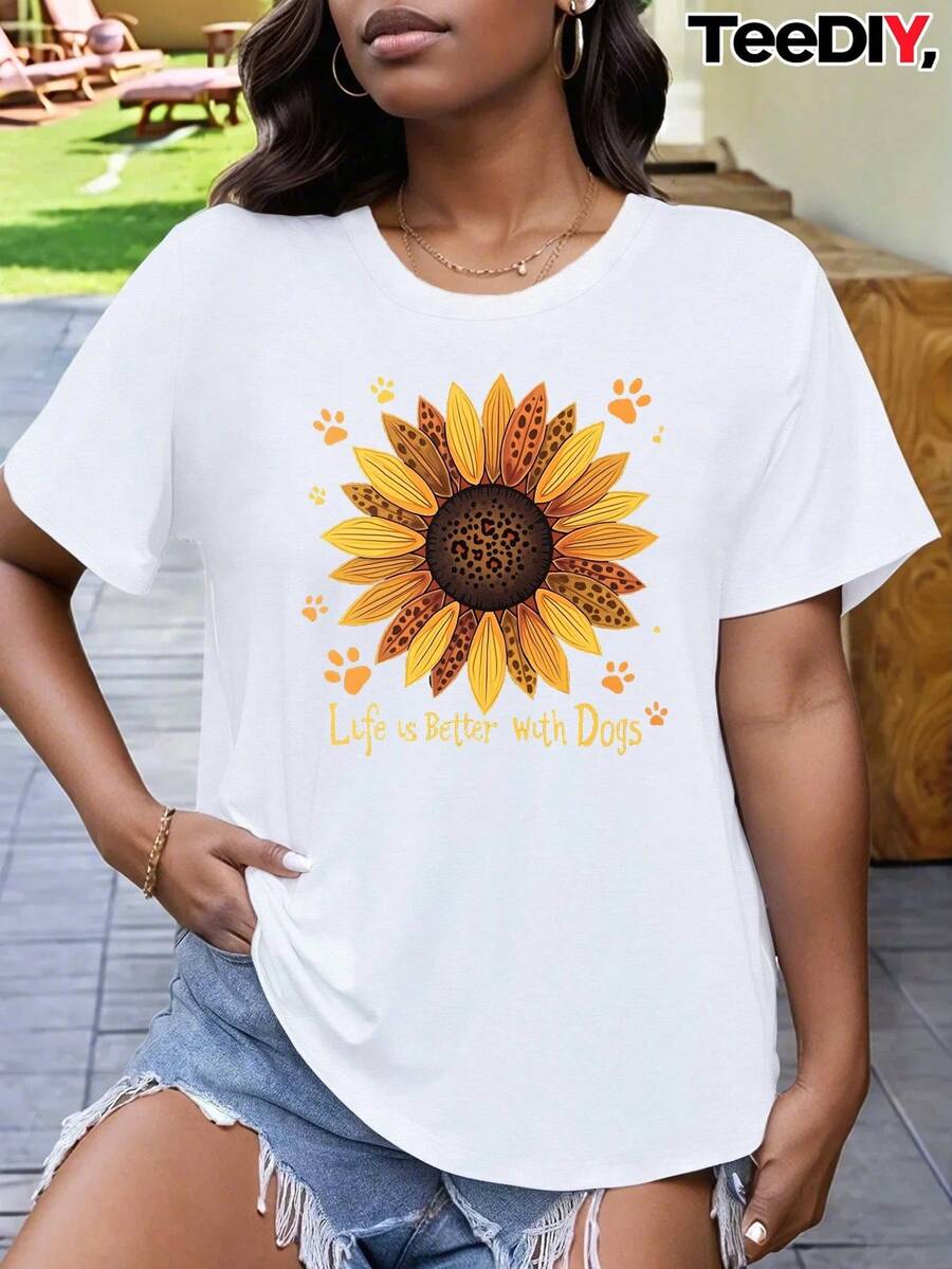 Women's Black T-Shirt With Sunflower And Paw Print Print - Dog Lover T-Shirt Printed With The Slogan "Days With Dogs Are Better", Casual Short-Sleeved Crew Neck Top For Pet Owners, A Very Distinctive Printed T-Shirt / Unisex Style / Suitable For Both Men And Women / Wrinkle-Resistant / Breathable - 白色 - 查看 1