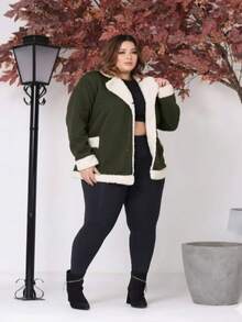 Women's Plus Size Coat With Button, Plush, Thick, Long Sleeves, Winter - Army Green - View 1