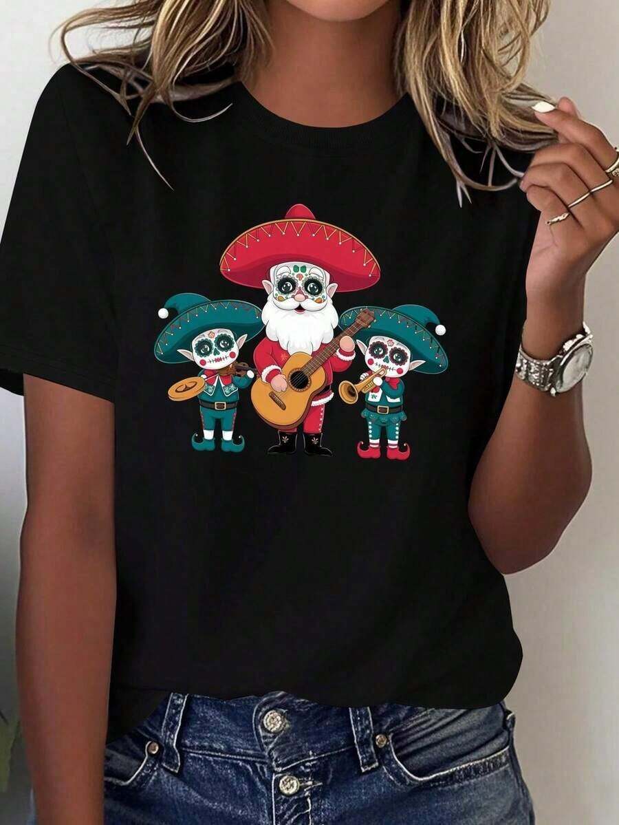 Women's Loose Lightweight Graphic Print T-Shirts - Mexican Mariachi Band Design - Bright Red Day Of The Dead Design With Skull And Maracas Motifs - 100% Casual And Comfortable Style, Suitable For Theme Parties, Festivals, And Everyday Wear - Mexican Cultural Clothing, Printed With Sombrero And Guitar Motifs - Machine Washable, Suitable For All Seasons - Festive Mariachi Band Theme - Loose Fit For All-Day Wear - Perfect For Traditional Mexican Events - 100% Cotton, A Popular Choice. Women's Basic Cotton Crew Neck T-Shirt - 黑色 - 查看 1