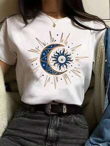 Limited EditionMujer camiseta casual con estampado de sol y luna tela suave diseño holgado cuello redondo manga corta primavera‑verano uso diario‑shirt,estampado sol luna estrellas bohemia espiritual astrológicaLightweight Cotton - Blanco - Ver 1
