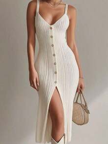 Vestido sin mangas elegante de mujer con abertura lateral, vestido casual de verano para vacaciones - Albaricoque - Ver 6