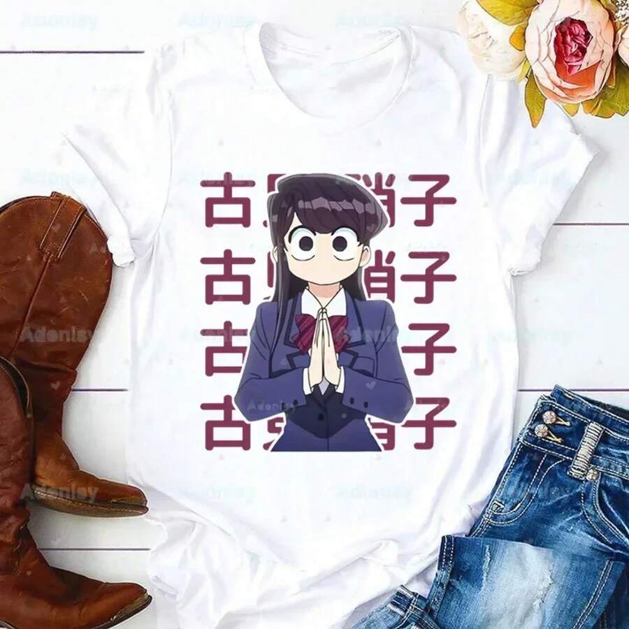 Camiseta Komi San Shouko Excited WoM1en para mujer, estilo manga, 220 g, algodón puro, manga corta, para hombre y mujer, tejido grueso, resistente a las arrugas y que no se deforma fácilmente. Estilo sencillo y versátil, ligero y transpirable, perfecto para ir al trabajo, viajar, acampar, ir de compras y el tiempo libre diario. - Blanco - Ver 1