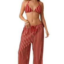 Traje de baño de dos piezas con pantalones largos de malla tejida a rayas, conjunto de bikini bohemio de tres piezas para mujer. - Rosa Fucsia - Ver 6