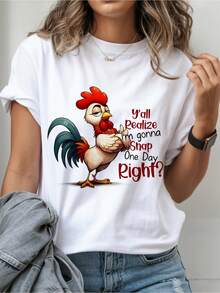 Women's T-Shirt With A Fun Cartoon Rooster Print - Playful Text Design "You Should Know Which Day I'm Going To Explode, Right?" - A Great Choice For Summer Outings, Casual Get-Togethers, And As A Gift For Friends And Family! - 白色的 - 查看 6