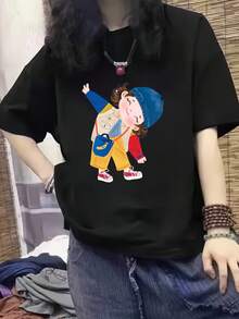 Playera Casual de Manga Corta para Mujer, Estilo Americano Holgado con Diseño de Personaje de Caricatura, Moda BF Pura y Relajada para Verano 2025Daily Casual Round Neck Short Sleeve-Shirt Women - Negro - Ver 7