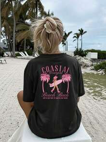 Casual T-Shirt [Double-Sided Print] Women's Loose-Fitting Casual Top For Spring And Summer, Beach Style, With Palm Tree Print, Surfboards, Cowgirl Style For Beach And Saltwater, Short Sleeve, Round Neck, 100% Cotton, Oversized Drop Shoulder T-Shirt [Chu] 100% Cotton, Durable - 黑色 - 查看 3