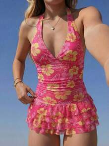 Women's Sexy Polka Dot Print Tie-Neck Tankini Swimsuit With Open Back, Suitable For The Beach And Vacation - Rosa - 查看 9