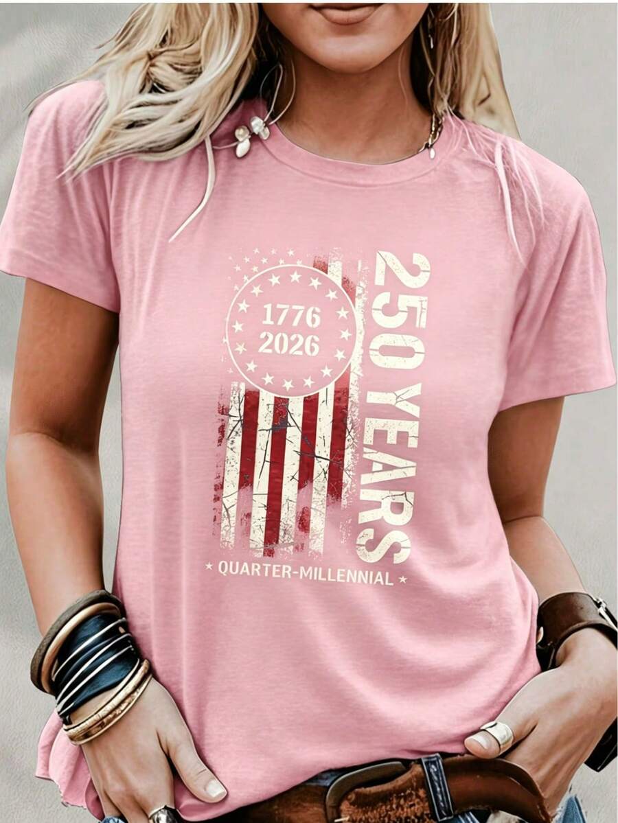 250th Anniversary 1776–2026 Women's T-Shirt, American Flag Cartoon Print, Round Neck Short Sleeve, Casual Loose Fit, Soft Breathable - 粉色 - 查看 1