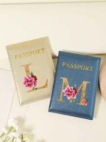 Floral Letter Print Passport Holder Wallet & Card Holder, Slim Travel Purse For Couple, Fits Cards & IDs, Lightweight Portable - Burgundy - View 1