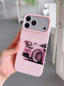1pc Fashionable Pink Sports Car Pattern Liquid Silicone Soft Phone Case, Shock-Proof Protective Cover Compatible With Apple 11/12/13/14/14Plus/15/15Plus/16/16Plus/7/8Plus/17/17Pro - Multicolor - View 2