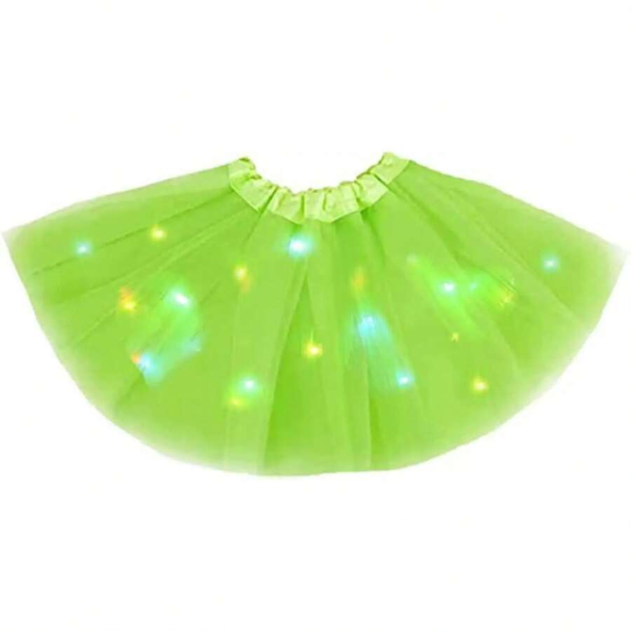 Falda Tutú de Princesa con Luces LED para Niñas, Disfraz de Fiesta de Boda, Minifalda de Baile, Ropa con Luces LED - Verde - Ver 1