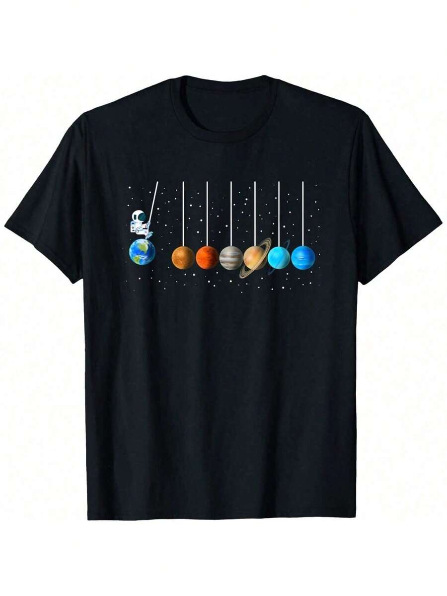 Funny Astronaut Swing Planets Solar System Space Science T-Shirt - Black - View 1