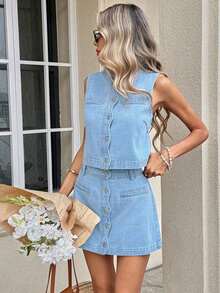 Conjunto casual de chaleco de mujer de una hilera y falda vaquera para primavera a verano, disfraz de carnaval, viaje, graduación, estilo Y2K, fiesta, boda, elegante y casual para mujer.Conjunto a juego de top corto sin mangas de botones y falda mini de línea A de lavado claro, falda vaquera de cintura alta de línea A, conjunto elegante de oficina para mujer, atuendo de picnic de Pascua, conjunto de falda vaquera de botones de línea A - Lavado ligero - Ver 8