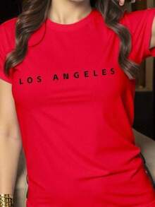 New 2026 Playera básica mujer dama cuello redondo manga corta estampado LOS ANGELES casual algodón comodidad estilo moderno versatilidad moda - Rojo - Ver 1