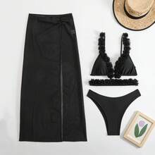 Nuevo bikini de tres piezas de encaje de color sólido, sexy, con falda larga de malla. - Blanco - Ver 7