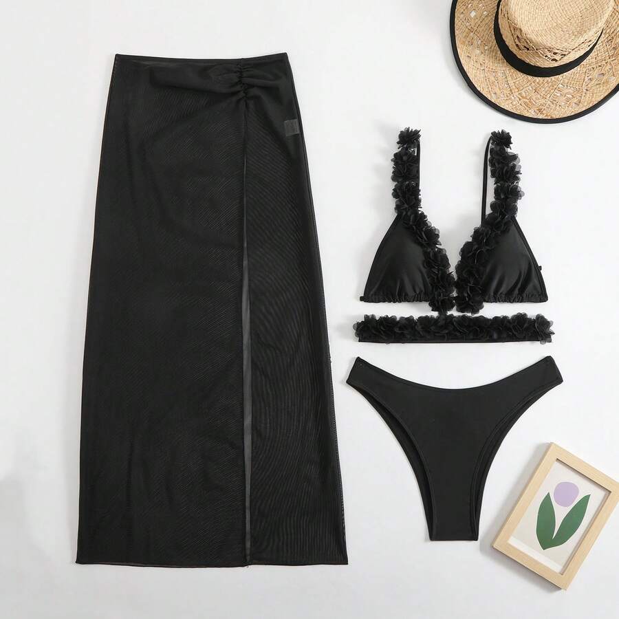 Nuevo bikini de tres piezas de encaje de color sólido, sexy, con falda larga de malla. - Negro - Ver 1