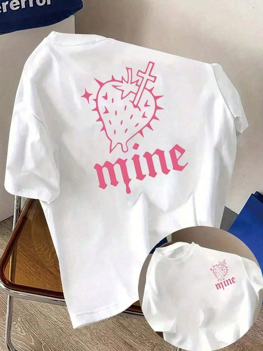Camiseta de talla grande para mujer, manga corta, color sólido, estilo casual, para primavera/verano, de poliéster, con estampado frontal y trasero - Fresa, My Fashion Print - Camiseta estampada para mujer, primavera/verano, artículo de moda, transpirable y cómoda. - Blanco - Ver 1