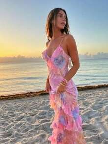 Vestido de tirantes con borde ondulado moda  corte ajustado elegante para mujer - Rojo - Ver 2