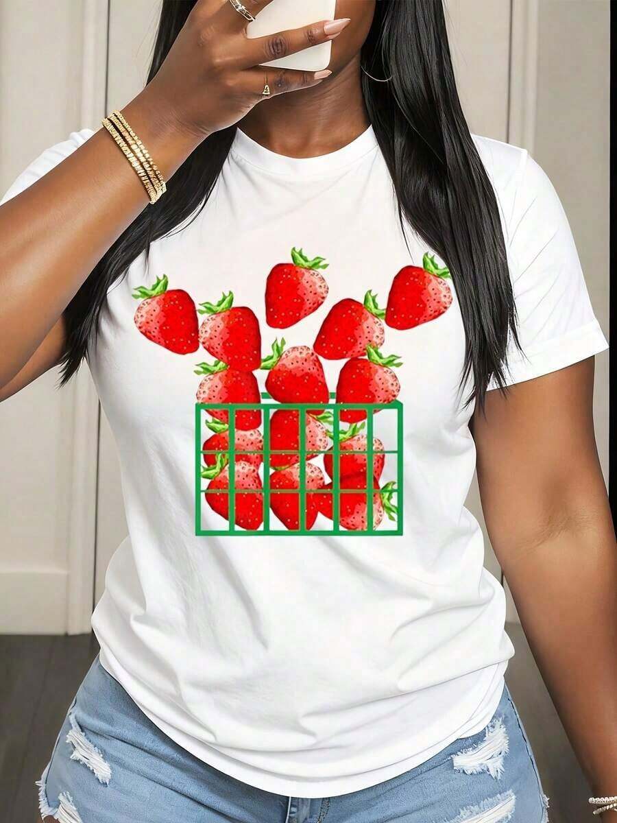 Women's Casual Strawberry Basket Print T-Shirt, Summer Fruit Print Top, Fashionable Outfit For Everyday Wear And Picnic Season, 100% Cotton, Durable - 白色 - 查看 1
