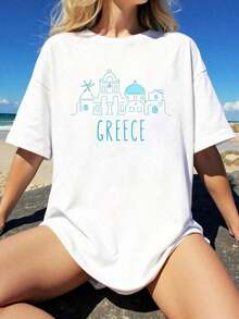 Camiseta de Algodón 100% con Diseño Artístico de Santorini, Grecia, Europa, para Vacaciones Familiares, Camisetas Cortas de Verano para Mujer, Ropa Casual de Oficina, Apariencia Diaria de Primavera y Verano, Diseño Elegante y Juvenil, Camiseta de Algodón Puro de Alta Calidad de 220g con Estampado Minimalista, Tejido Suave y Transpirable, Cómoda y Holgada, Adecuada para Uso Diario, Ideal para Ropa Casual de Oficina, Ropa de Hombre, Playeras de Mujer - Blanco - Ver 1