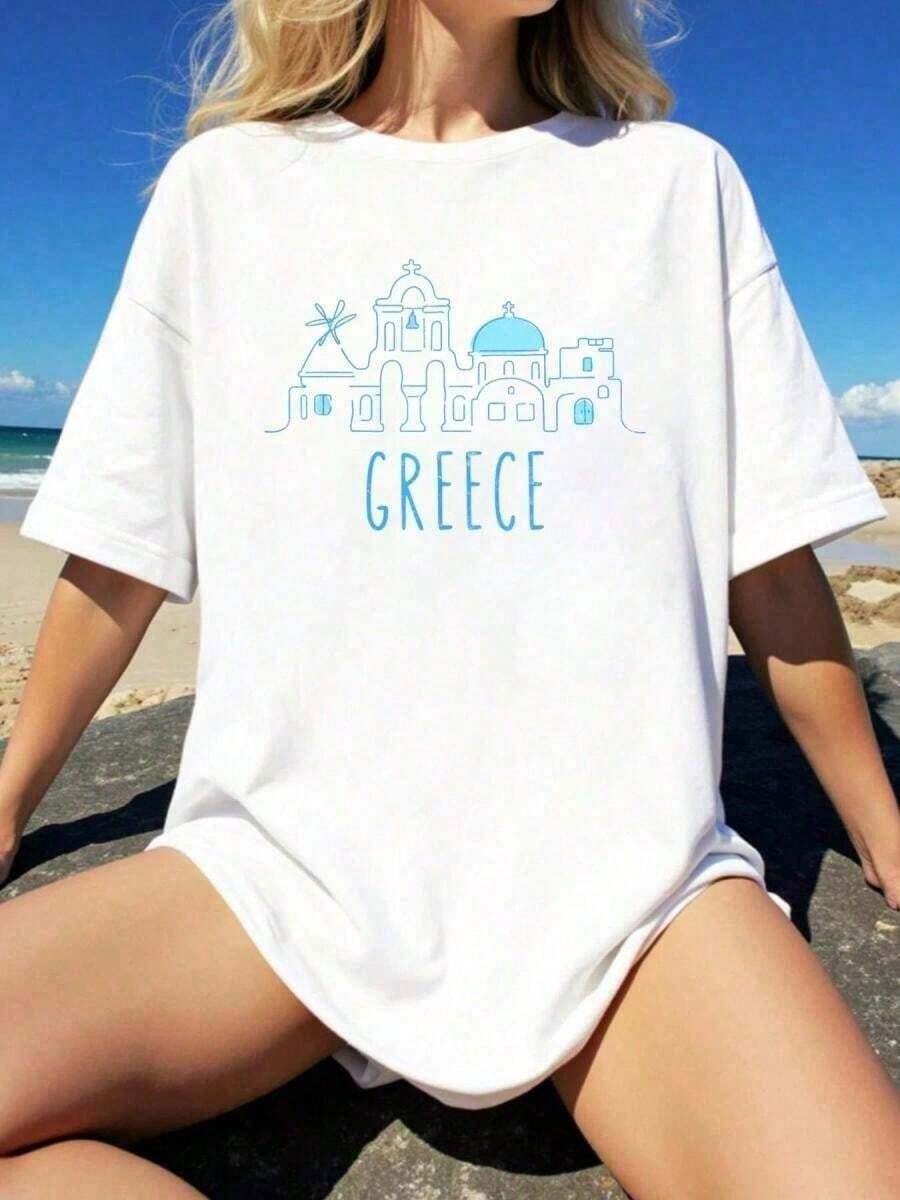 Camiseta de Algodón 100% con Diseño Artístico de Santorini, Grecia, Europa, para Vacaciones Familiares, Camisetas Cortas de Verano para Mujer, Ropa Casual de Oficina, Apariencia Diaria de Primavera y Verano, Diseño Elegante y Juvenil, Camiseta de Algodón Puro de Alta Calidad de 220g con Estampado Minimalista, Tejido Suave y Transpirable, Cómoda y Holgada, Adecuada para Uso Diario, Ideal para Ropa Casual de Oficina, Ropa de Hombre, Playeras de Mujer - Blanco - Ver 1