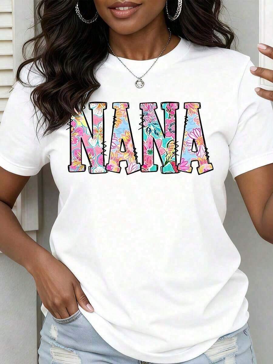 1 pieza de camiseta de cuello redondo de talla, camiseta blanca con estampado floral Nana para mujer, ropa casual de verano - Estilo vintage urbano, camiseta unisex de algodón suelto de manga corta y cuello redondo. - Blanco - Ver 1