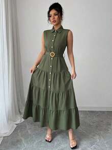 Women's Single-Breasted Sleeveless Shirt Dress With Ruffled Hem In Solid Color - Army Green - View 7