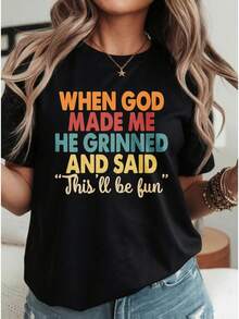 Camiseta deportiva casual para mujer con diseño de texto colorido - Camiseta negra elástica de cuello redondo, lavable aáquina, de ajuste cómodo para todas las estaciones. Prenda de ocio con estampado vibrante y tejido opaco que no transparenta. - Negro - Ver 6
